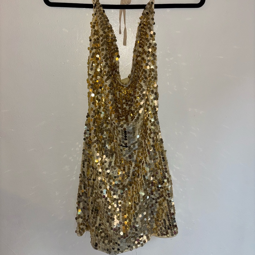 Gold Sequin Halter Dress